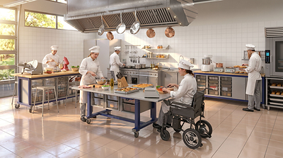 Haskell Education Pathmaker Table with a stainless steel work surface can be used in culinary educational environments.