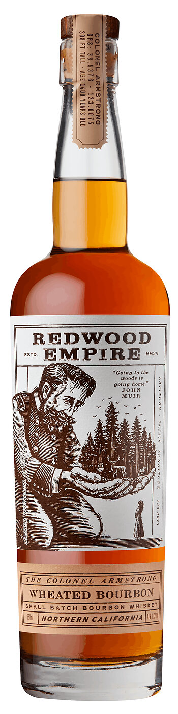 Redwood Empire Whiskey’s Colonel Armstrong Wheated Bourbon blends grain-to-glass distillate with sourced high-wheat bourbons aged 4 to 14 years.