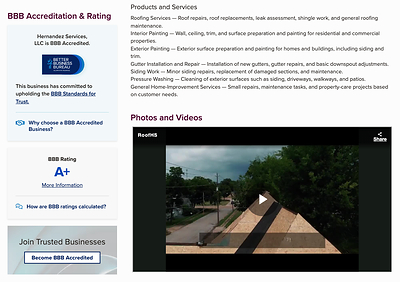 Hernandez Services’ official BBB profile displaying the company’s A+ Accredited Business rating.