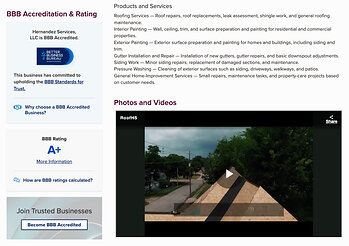 Hernandez Services’ official BBB profile displaying the company’s A+ Accredited Business rating.