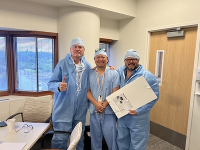 John Schorgl and Lou Ellis of Peytant celebrate the first implantation of the AMStent® device with Roy Cho, M.D., who led the procedural team. John Schorgl and Lou Ellis of Peytant celebrate the first implantation of the AMStent® device with Roy Cho, M.D., who led the procedural team.