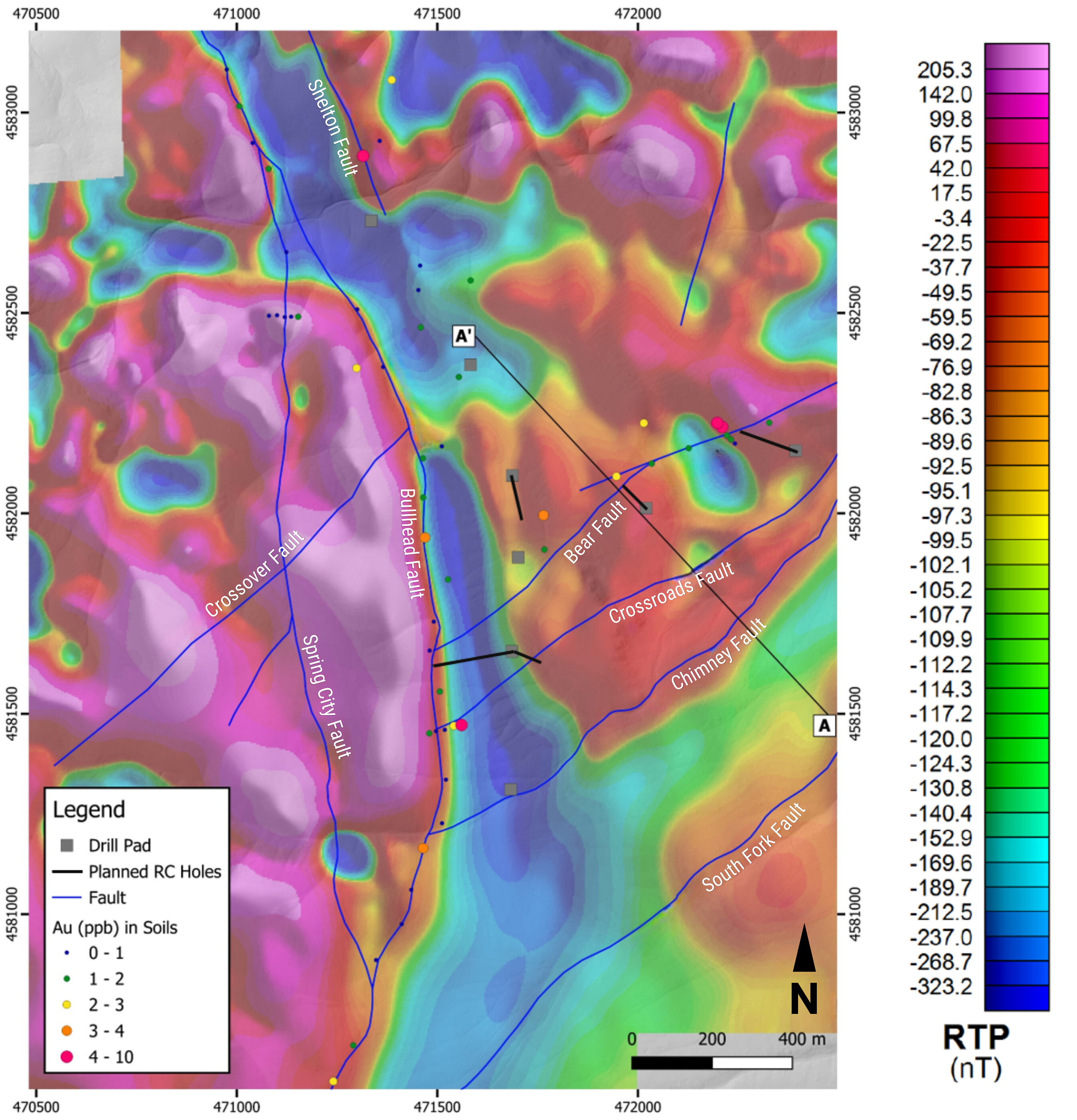 Figure 1. Hot Springs Range Project’s Eden Prospect – Plan view map of the reduced to pole (RTP) airborne magnetics data. Major changes in the magnetism from the RTP map are coincident with faults mapped on the surface and from seismic surveys.
