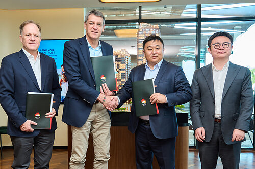 From left: Preston Mendenhall, Group COO and Country Head, Kenya, Rendeavour; Stephen Jennings, Founder and CEO, Rendeavour; Yu Xiaodong, General Manager, China Road and Bridge Corporation (CRBC); and Du Xiao, Marketing Director, CRBC, during the appointment of CRBC as the main contractor for Jabali Towers, the landmark high-rise mixed-use development in Tatu City, Kenya. This image opens in the lightbox