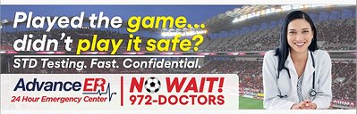 Promotional graphic from Advance ER featuring a stadium backdrop and a healthcare provider with the message, “Played the game… didn’t play it safe?” promoting fast, confidential STD testing and 24/7 emergency care availability.