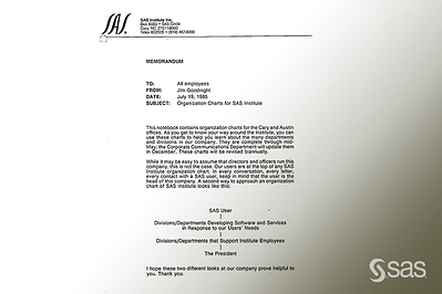 In 1985, affirming SAS' foundational commitment to customers, SAS CEO Jim Goodnight issued a company-wide memo redefining the company’s organizational chart with SAS users at the top