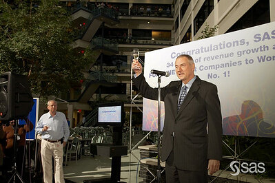 SAS CEO and co-founder Jim Goodnight and co-founder and executive vice president John Sall celebrate SAS earning the No. 1 spot on Fortune's Best Companies to Work for list. SAS topped the list in both 2010 and 2011