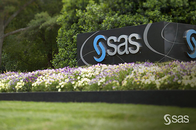 Today's sign at the entrance to SAS' modern, bucolic campus headquarters in Cary, NC