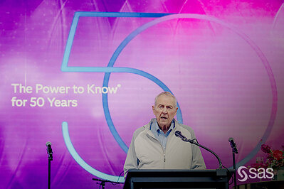SAS co-founder and CEO Jim Goodnight shares opening remarks at a SAS 50th Anniversary employee celebration in Cary, NC