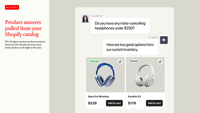 With Shopify integration, Text AI agents turn product questions into purchase opportunities by surfacing live inventory, pricing, and shoppable product recommendations directly in chat.