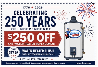 Rooter Hero Fourth of July promotional graphic celebrating 250 years of American independence (1776–2026), featuring a special offer of $250 off any water heater replacement and a $17.76 water heater flush with any standard service call. The graphic includes patriotic red, white, and blue colors, fireworks illustrations, a water heater illustration with the Rooter Hero logo, and notes that the promotion runs July 1–July 8, 2026. Coupon restrictions apply.