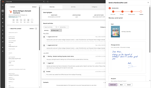 A screenshot of using Handwrytten for Hubspot to send a birthday card to a contact