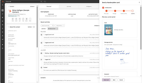 A screenshot of using Handwrytten for Hubspot to send a birthday card to a contact