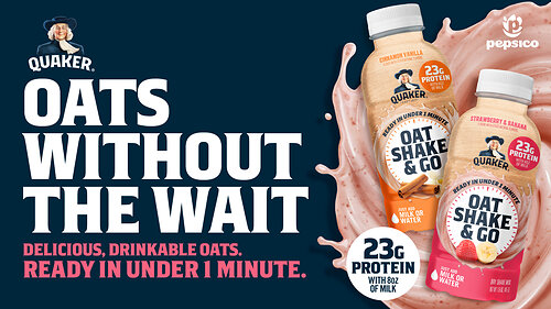 Today, the brand introduces Quaker Oat Shake & Go, bringing the power of protein, fiber and 100% whole grain oats into a drinkable format. Today, the brand introduces Quaker Oat Shake & Go, bringing the power of protein, fiber and 100% whole grain oats into a drinkable format.