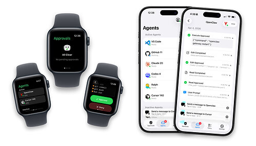 Agent Approve for Apple Watch and iPhone: live activity, event history, and one-tap approvals across 14+ AI coding agents. Shown: the Agents view with Claude Code, Cursor, and Codex; a detailed event feed with approved commands; and Apple Watch screens for approving or denying an agent's request from the wrist. (Image: Agent Approve LLC) Agent Approve for Apple Watch and iPhone: live activity, event history, and one-tap approvals across 14+ AI coding agents. Shown: the Agents view with Claude Code, Cursor, and Codex; a detailed event feed with approved commands; and Apple Watch screens for approving or denying an agent's request from the wrist. (Image: Agent Approve LLC)