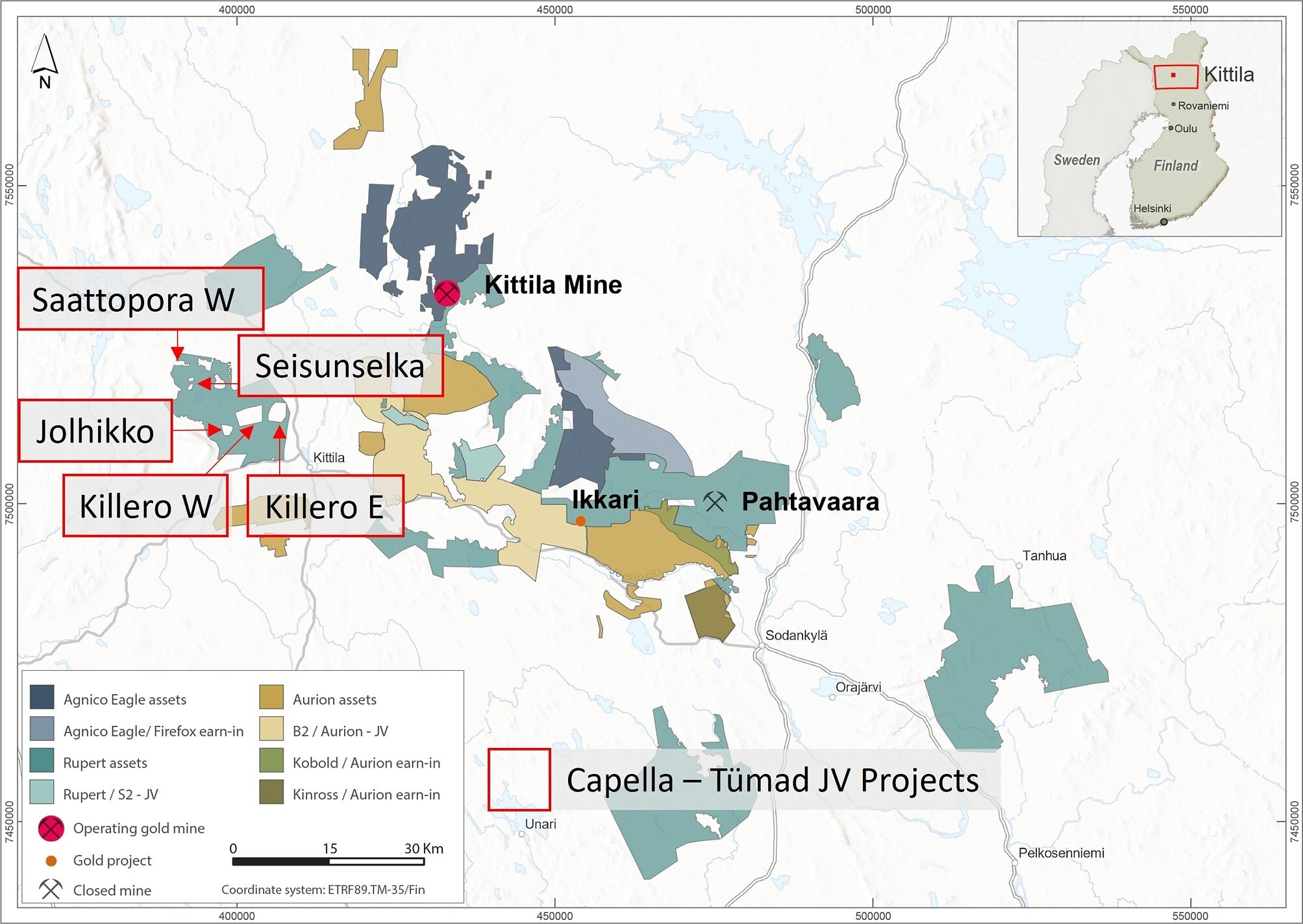 Figure 1. Location of the Killero W gold-copper project in Northern Finland, together with the project areas acquired by Agnico as part of its consolidation of the Central Lapland Greenstone Belt.
