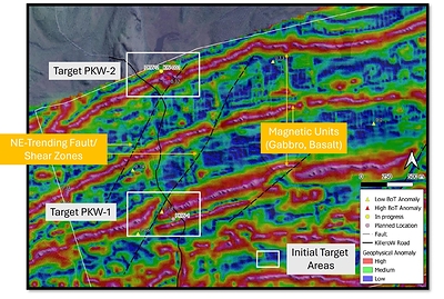 Figure 2. Locations of the two initial gold-copper target areas at Killero W (PKW-1 and PKW-2), overlain on the Company’s high-resolution drone magnetic data.