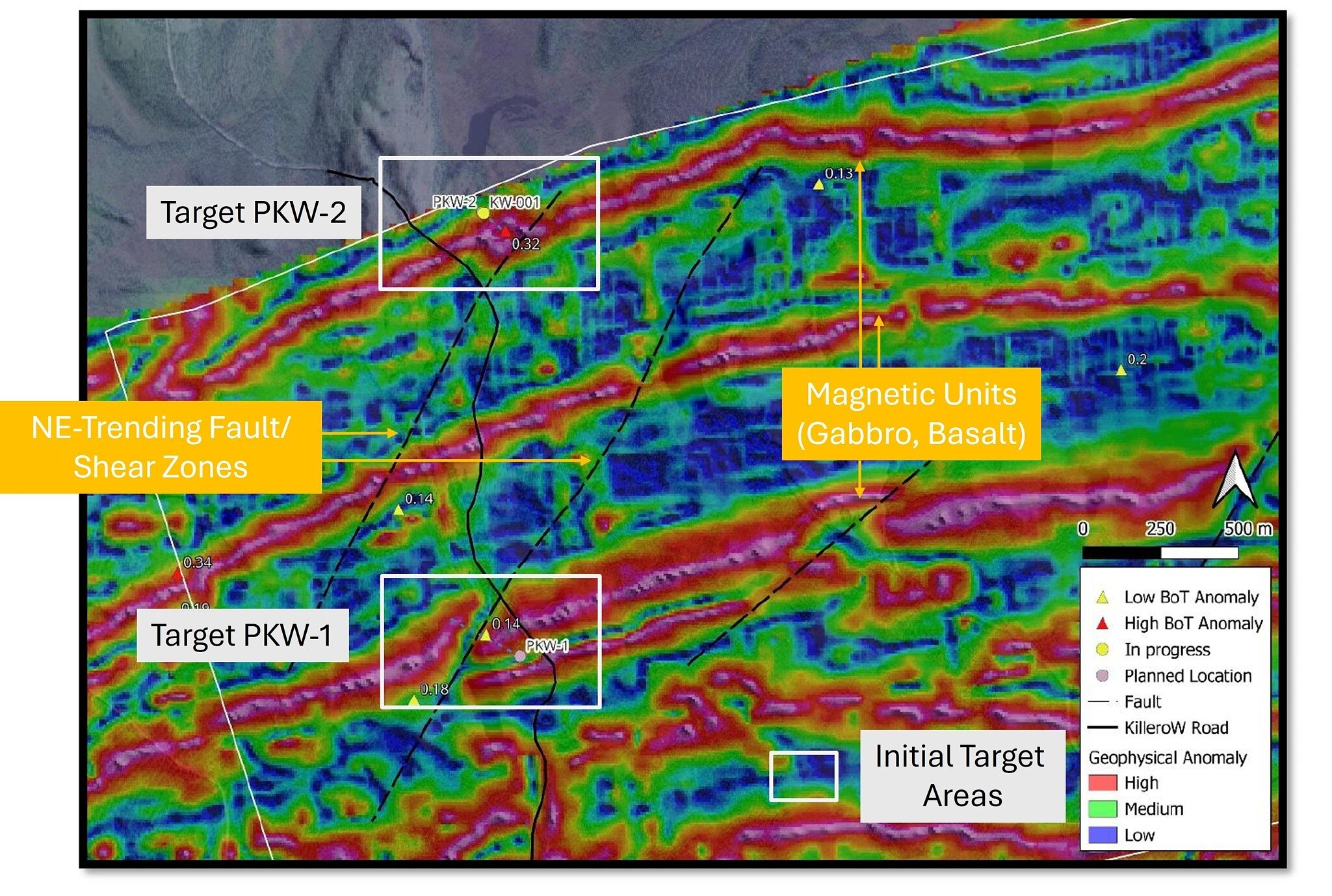 Figure 2. Locations of the two initial gold-copper target areas at Killero W (PKW-1 and PKW-2), overlain on the Company’s high-resolution drone magnetic data.