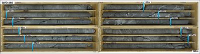 Figure 4. Drill core boxes from drillhole QVD-466 displaying a representative portion of the interval from 139.0 to 150.0 meters, which returned a broad intercept of 0.44 g/t Au over 11.0 meters. This new gold-mineralized zone north of Yaxtché East suggests a potential link between the main deposit and the Carmen target, which is known for its gold-copper mineralization.