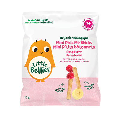 Little Bellies Organic Raspberry & Apple Mini Pick-Me Sticks for babies 7+ months, available at Walmart Canada.