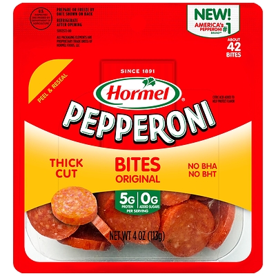 Available in three flavors — Original, Parmesan and Dill Pickle — HORMEL® Pepperoni Snack Bites are made with thick-sliced pepperoni in a smaller, snackable format built for grazing, sharing or eating straight from the fridge. The resealable tray keeps it simple: open it when you want it, close it when you don’t.