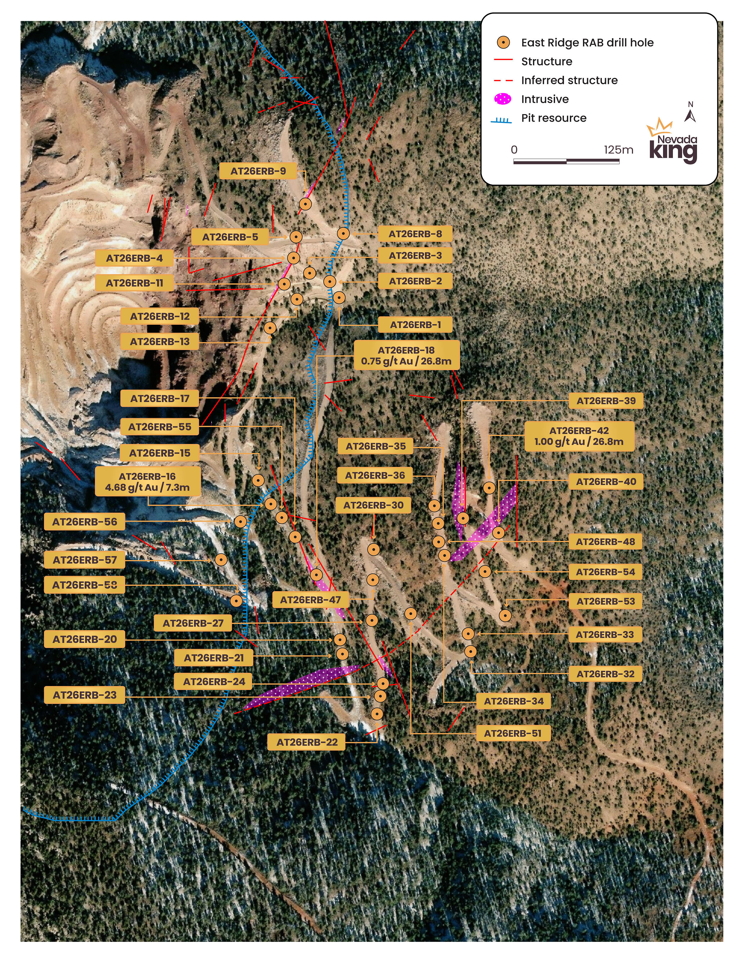 Figure 1. Plan view map of East Ridge RAB drilling with mapped surface structure and coinciding porphyritic intrusive rock. Strong alteration and anomalous mineralization along north-west and north-east structures. Anomalous gold mineralization is found within surface rock samples along both structures and intrusive. Figure 1. Plan view map of East Ridge RAB drilling with mapped surface structure and coinciding porphyritic intrusive rock. Strong alteration and anomalous mineralization along north-west and north-east structures. Anomalous gold mineralization is found within surface rock samples along both structures and intrusive.