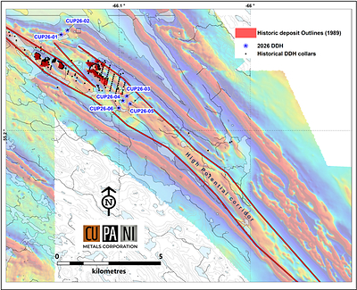 Figure 1:  Localisation map of the Blue Lake mineralised lenses and 2026 DDH location over the 2011 CVG shaded aeromagnetic
