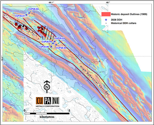 Figure 1: Localisation map of the Blue Lake mineralised lenses and 2026 DDH location over the 2011 CVG shaded aeromagnetic Figure 1: Localisation map of the Blue Lake mineralised lenses and 2026 DDH location over the 2011 CVG shaded aeromagnetic