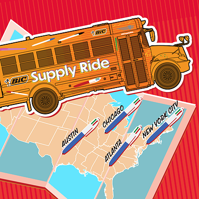The BIC Supply Ride Bus will stop at cities across the country, including New York City, Atlanta, Chicago, and Austin.