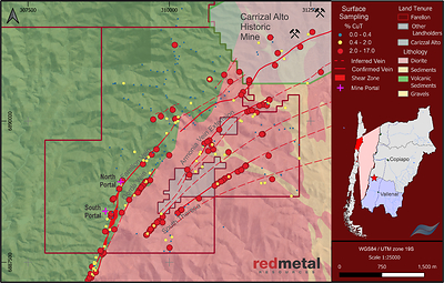 Figure 4 – Farellon site with surface sampling results and North and South mine portal locations