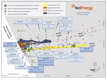 Figure 1 –Hurricane South Trend mineralized drill hole locations on the Larocque East project, including summer program holes LE26-250, 251, 252, and 253 completed to date. * See Qualified Person Statement below. Figure 1 –Hurricane South Trend mineralized drill hole locations on the Larocque East project, including summer program holes LE26-250, 251, 252, and 253 completed to date. * See Qualified Person Statement below.