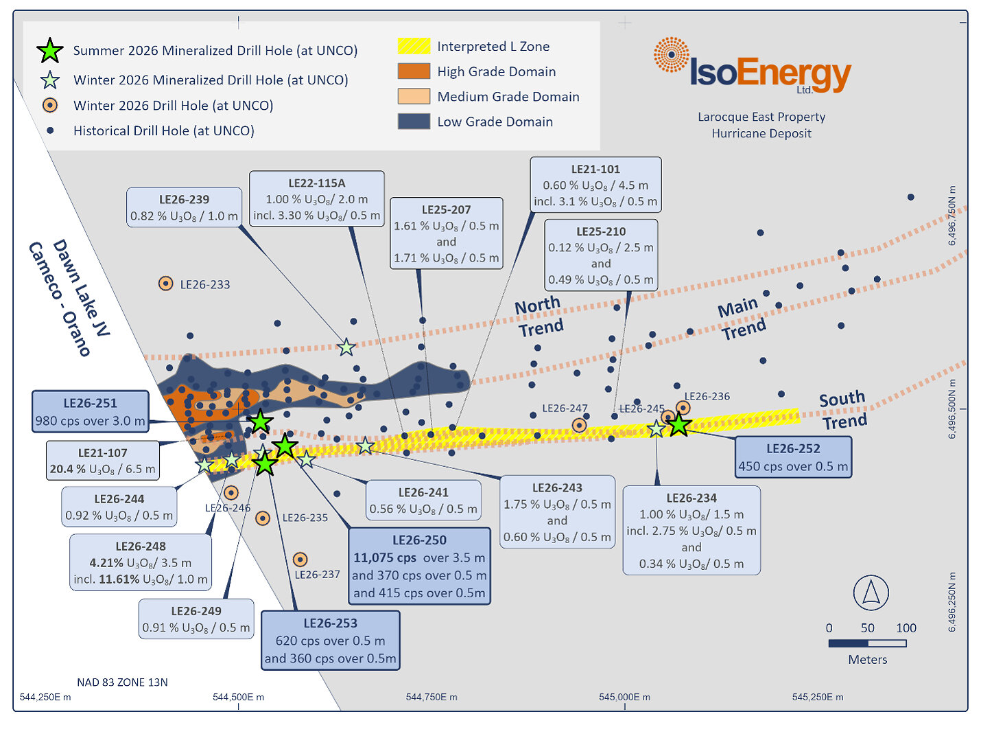 Figure 1 –Hurricane South Trend mineralized drill hole locations on the Larocque East project, including summer program holes LE26-250, 251, 252, and 253 completed to date. * See Qualified Person Statement below.