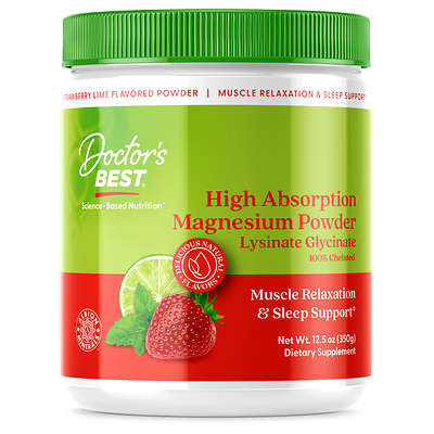 Doctor’s Best High Absorption Magnesium Powder in Strawberry Lime, featuring Albion® Chelated Magnesium Lysinate Glycinate, in a refreshing new Strawberry Lime flavor. This highly bioavailable form of magnesium, using TRAACS® chelate technology, is designed to support muscle relaxation, nerve function, and overall calmness.