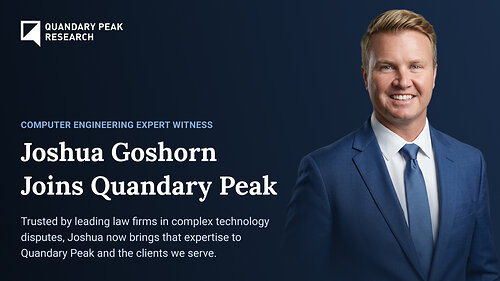 Joshua Goshorn joins Quandary Peak Research, strengthening its software litigation, electrical engineering, and semiconductor expertise. Joshua Goshorn joins Quandary Peak Research, strengthening its software litigation, electrical engineering, and semiconductor expertise.