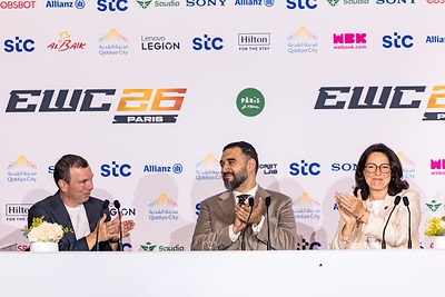 (L-R) Ralf Reichert, Chief Executive Officer of the Esports Foundation; His Royal Highness Prince Faisal bin Bandar bin Sultan Al Saud, Board Member of the Esports Foundation; and Marina Ferrari, France's Minister of Sports, Youth and Community Life, speaking during the Esports World Cup 2026 Opening Press Conference in Paris. 