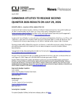 CANADIAN UTILITIES TO RELEASE SECOND QUARTER 2026 RESULTS ON JULY 29, 2026