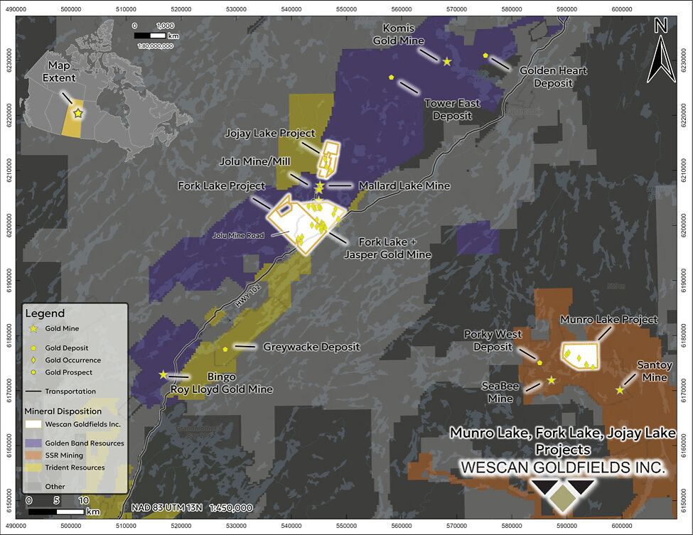 Figure 3: Location of Wescan’s Munro Lake, Fork Lake and Jojay Lake projects. Figure 3: Location of Wescan’s Munro Lake, Fork Lake and Jojay Lake projects.