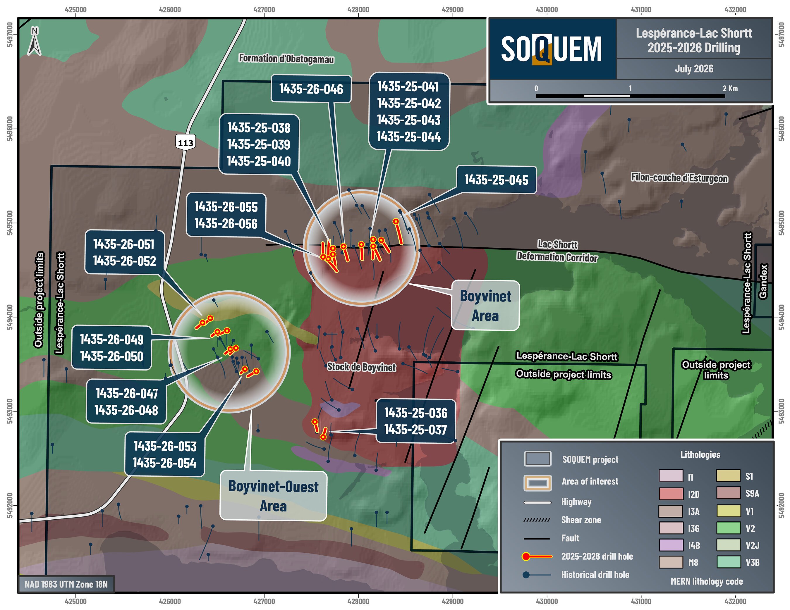 Figure 2. Local geology and locations of the 2025-2026 drill holes