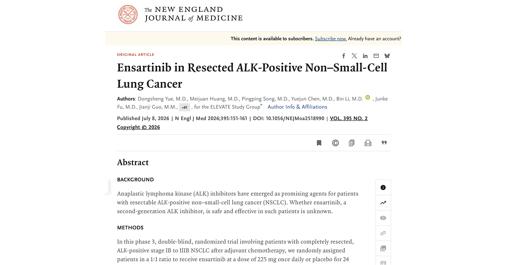 Groundbreaking Achievement: Study of Ensartinib as Postoperative Adjuvant Therapy Published in The New England Journal of Medicine Groundbreaking Achievement: Study of Ensartinib as Postoperative Adjuvant Therapy Published in The New England Journal of Medicine