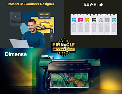 The PRINTING United Alliance has honored three Roland DG products with 2026 Pinnacle Awards, recognizing their excellence in technology and innovation within the printing industry. Shown in the photo above are the award-winning Roland DG products: Roland DG Connect Designer (Non-Output - Software/Web-Based Design category), ECO-UV EUV-H Inks (Non-Output - Digital Inks/UV category), and Dimense Media (Non-Output - Media/Non-PVC category). The PRINTING United Alliance has honored three Roland DG products with 2026 Pinnacle Awards, recognizing their excellence in technology and innovation within the printing industry. Shown in the photo above are the award-winning Roland DG products: Roland DG Connect Designer (Non-Output - Software/Web-Based Design category), ECO-UV EUV-H Inks (Non-Output - Digital Inks/UV category), and Dimense Media (Non-Output - Media/Non-PVC category).