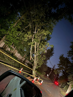 Storm damage in Irvington, NJ. Damaging winds and storms brought down 1,500 trees during the July 3-5, 2026 storms. PSE&G workers arrive to repair electric.