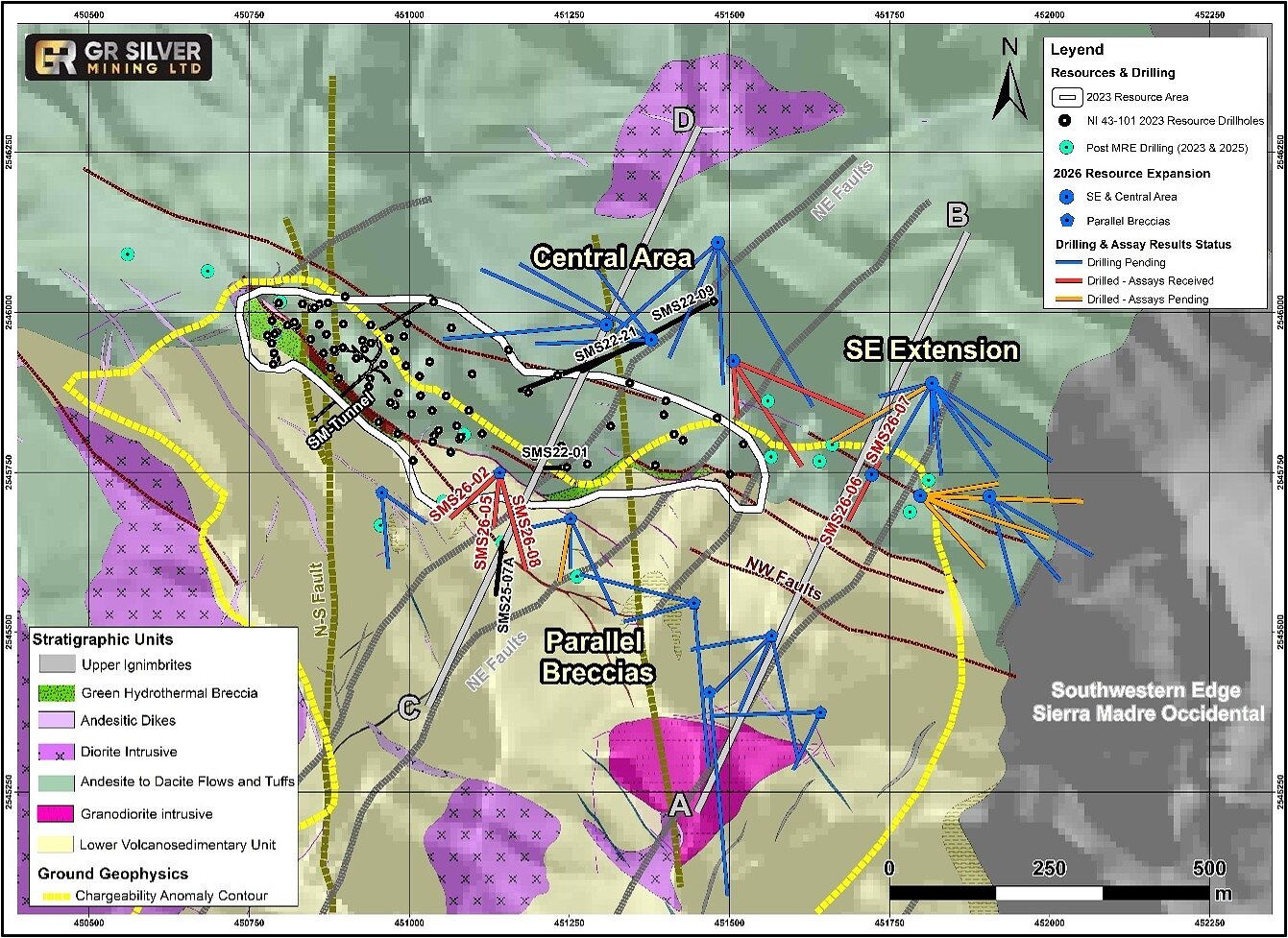 Figure 1  Location of San Marcial Step-Out Drill Holes SMS26-06 and SMS26-07 in SE Area and SMS26-02, SMS26-05 and SMS26-08 in Parallel Breccias Area
