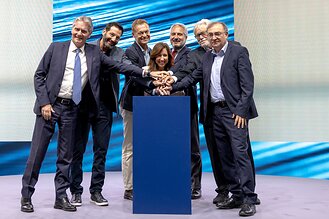 Pictured From Left to Right: Chairman of Fincantieri Biagio Mazzotta, CEO of Carnival Corporation Josh Weinstein, Director of Monfalcone Shipyard Cristiano Bazzara, President of Carnival Cruise Line Christine Duffy, CEO and Managing Director of Fincantieri Pierroberto Folgiero, Chairman of the Carnival Corporation Board of Directors Micky Arison, General Manager of Fincantieri's Merchant Ship Division Luigi Matarazzo.