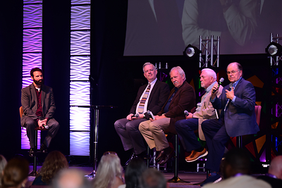 Learning about the origin of the Faith at Work Summit from its founders. Pictured left to right: Chuck Proudfit, At Work On Purpose; Dr. Greg Forster, Karam Fellowship; Dr. David Gill; Dr. Al Erisman; Dr. Bill Peel, 24Seven Faith Project.