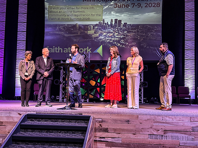 Chuck Proudfit pictured with members of the MN City Impact Alliance, who will be hosting the 2028 Faith at Work Summit in Minneapolis-St. Paul from June 7-9, 2028. Pictured left to right: Marsha King, For the ONE MN; Kevin Mitchell, Magnifi & Transform Our World MN; Chuck Proudfit, At Work On Purpose; Maria Erickson, The Cradle Club & Last Days Disciples; Holly Misener, MN Christian Chamber of Commerce; and Bill Goodwin, Priority Living Consulting Group