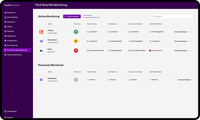 Beazley Security empowers clients to monitor key vendors and suppliers for potential risk factors, producing a 0-100 risk score based on specific business context that the client provides. This scales the potential risk to the situation and gives clients the information necessary to have meaningful discussions with the vendor.
