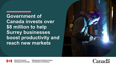 A welder in protective gear working on a metal structure in a dimly lit industrial environment. Text reads: "Government of Canada invests over $8 million to help Surrey businesses boost productivity and reach new markets."