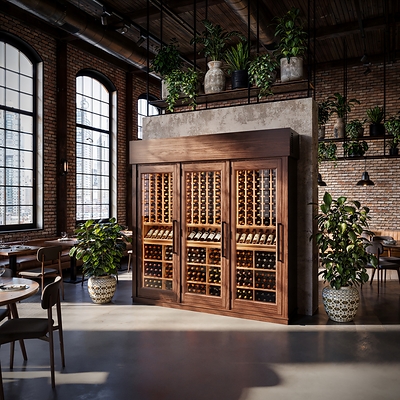 Forma triple-door, 8' wood finish with mixed racking configurations — designed for hospitality environments where the wine program is as considered as the space itself.