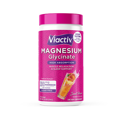Viactiv Magnesium Glycinate Powder: Features magnesium glycinate in a sugar-free sweet peach drink mix designed to support muscle relaxation, calmness, and restful sleep.
