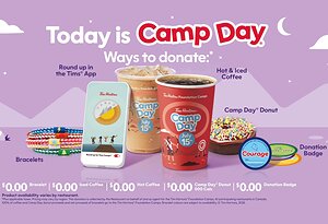 Tim Hortons® Camp Day® is back today with 100% of all hot and iced coffee proceeds donated* to Tim Hortons Foundation Camps!