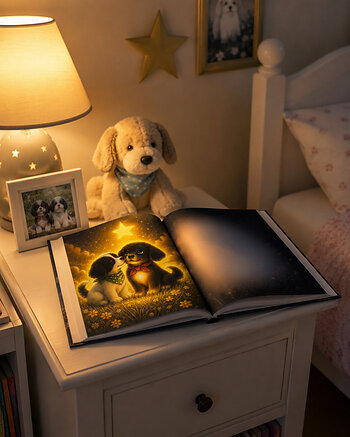 Open hardcover edition of Bella’s Light showcasing one of the book’s signature illustrated spreads, highlighting its heartfelt artwork and message of love that never ends.